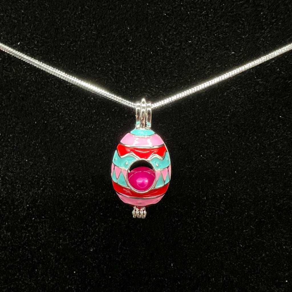 134 - Pearl Cage: Easter Egg w/ Pink, Blue, & Red - Sterling Silver